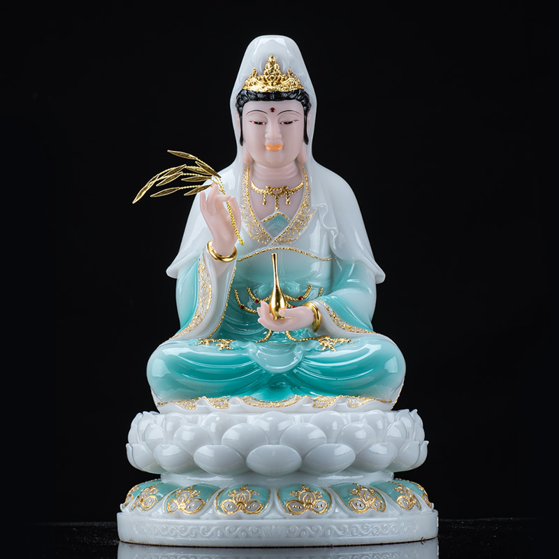 汉白玉观音佛像家用供奉坐莲观世音菩萨南海描金观音像佛堂摆件