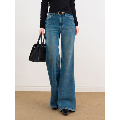 LASSEN「绝美超模」莱赛尔高腰显瘦微喇牛仔裤女春绿色修身喇叭裤