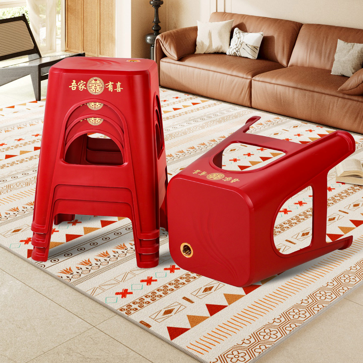 结婚塑料凳子红色加厚婚庆家用