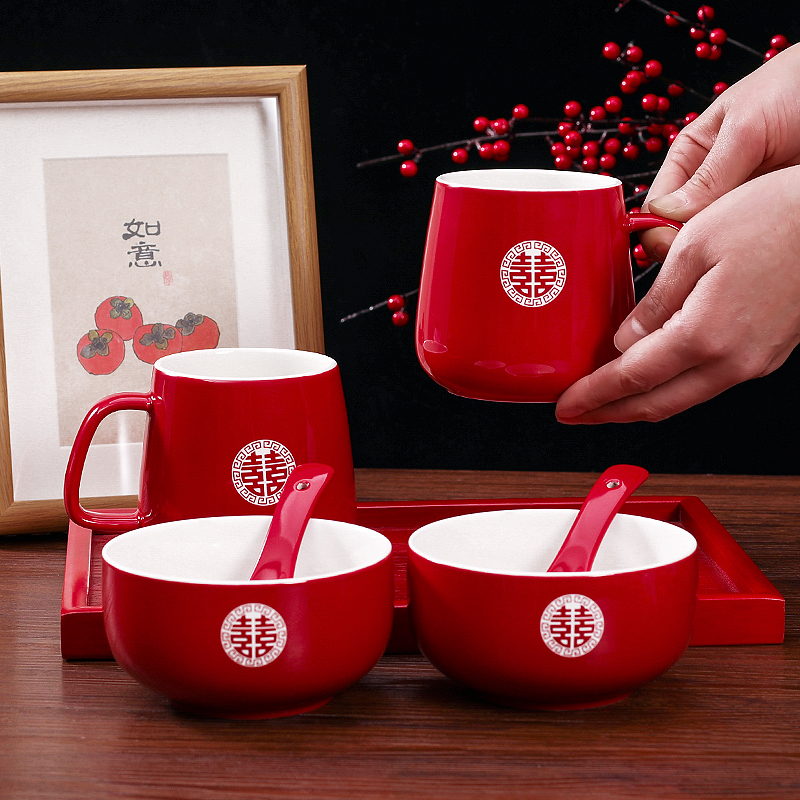 结婚敬茶杯红色喜碗筷一对新人改口茶具托盘陶瓷杯子婚庆陪嫁套装
