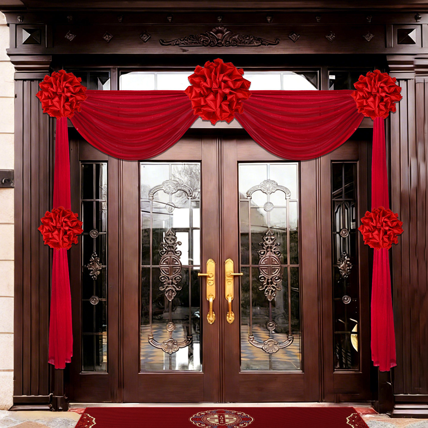 结婚门上装饰大红花球农村自建房别墅阳台栏杆婚礼布置红色绣球花