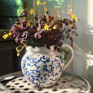 小花农-新款手拉粗陶冰裂釉面青花花盆