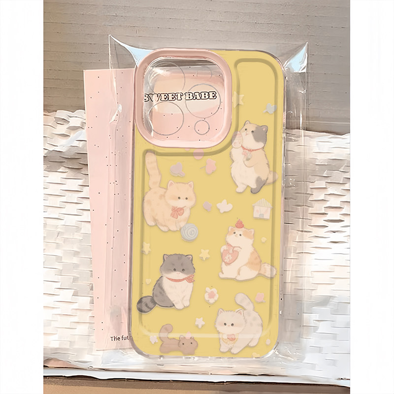 奶黄色超萌猫咪适用iphone16promax可爱手机壳苹果13/15/1211保护套xr华为p70vivox100小米14防摔oppo红米k70