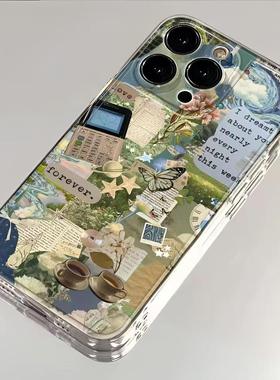 绿色复古油画适用苹果16promax手机壳iPhone15/14/13高级感荣耀200华为mate70opporeno12女小米15vivos19软套