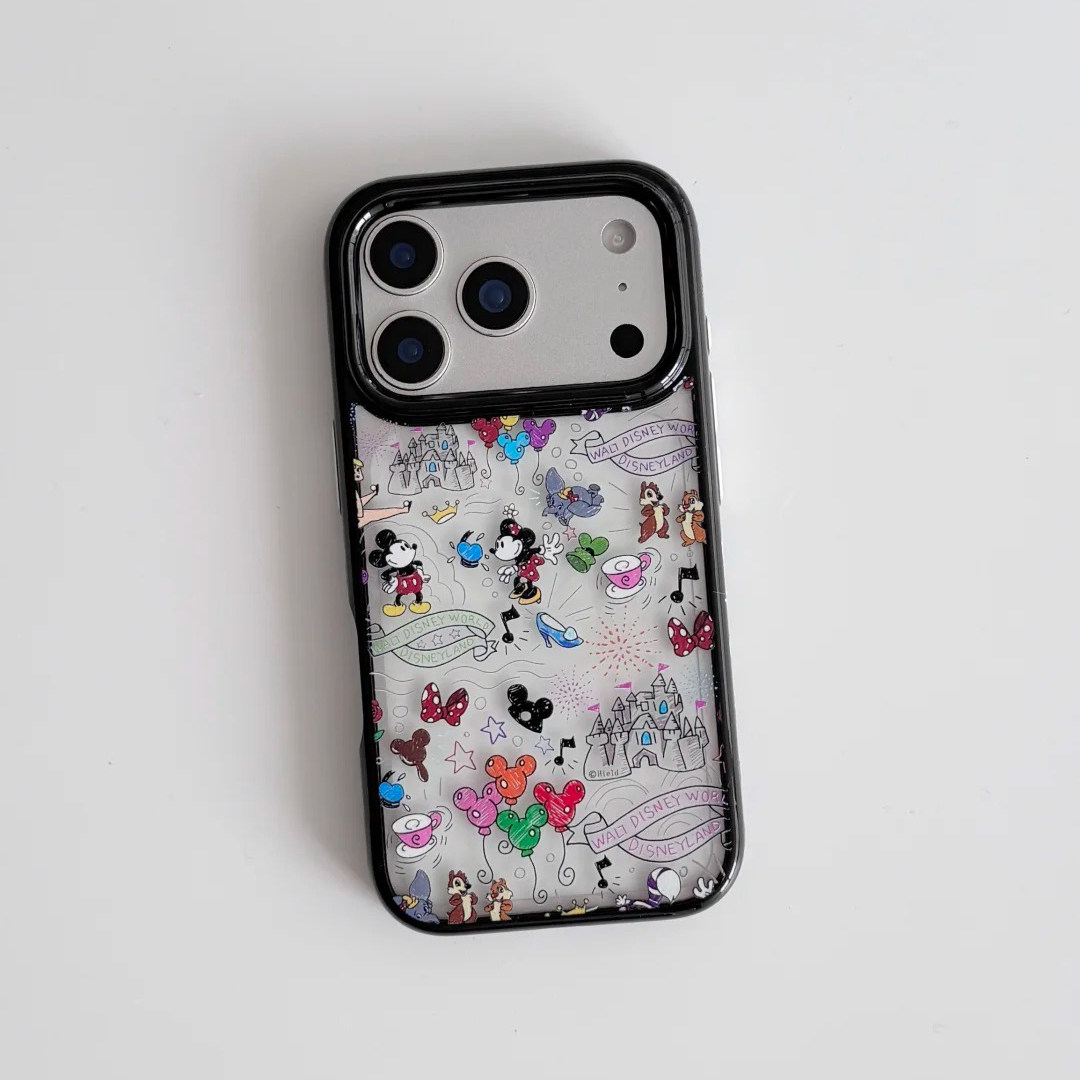 涂鸦可爱创意黑框米奇米妮气球插画适用iPhone17promax新款15pro透明14pro甜妹13pro潮流16高颜值防摔保护套