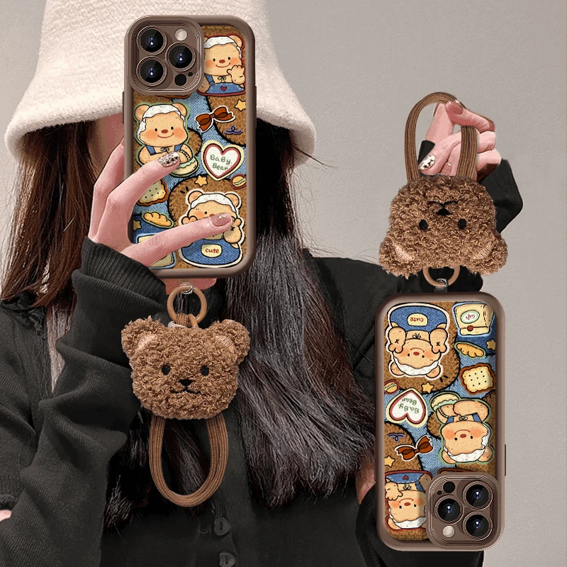 牛仔黄油小熊适用苹果16手机壳14promax秋冬新女款iPhone15plus公仔挂绳13咖色12磨砂11pro女7p美拉德x硅胶xr