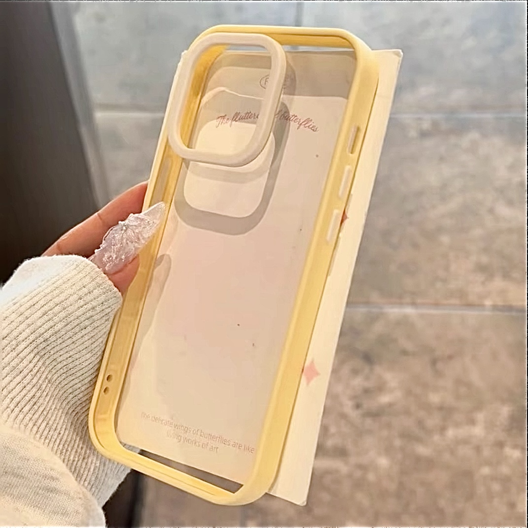 ins日韩简约奶黄色撞色边框适用苹果15promax手机壳iPhone14新款16promax保护套13女款14全包防摔12透明男款