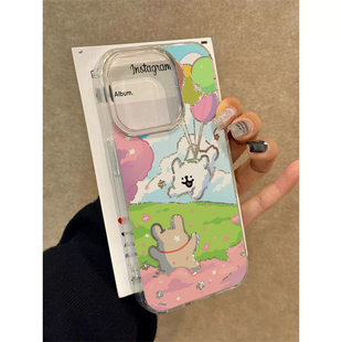 早春气球线条小狗情侣适用苹果15pro手机壳16Promax新款华为pura70vivox200冰川纹红米note13防摔小米14OPPO