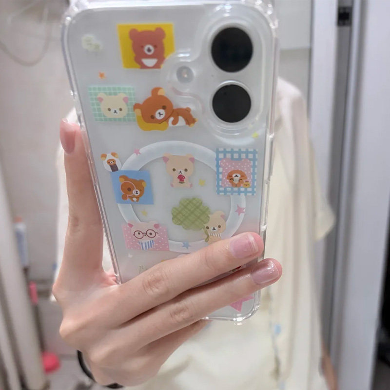 彩色格纹星星贴纸轻松熊适用于iPhone17promax手机壳可爱卡通苹果16plus磁吸15/14plus软边13pro/12pro保护套