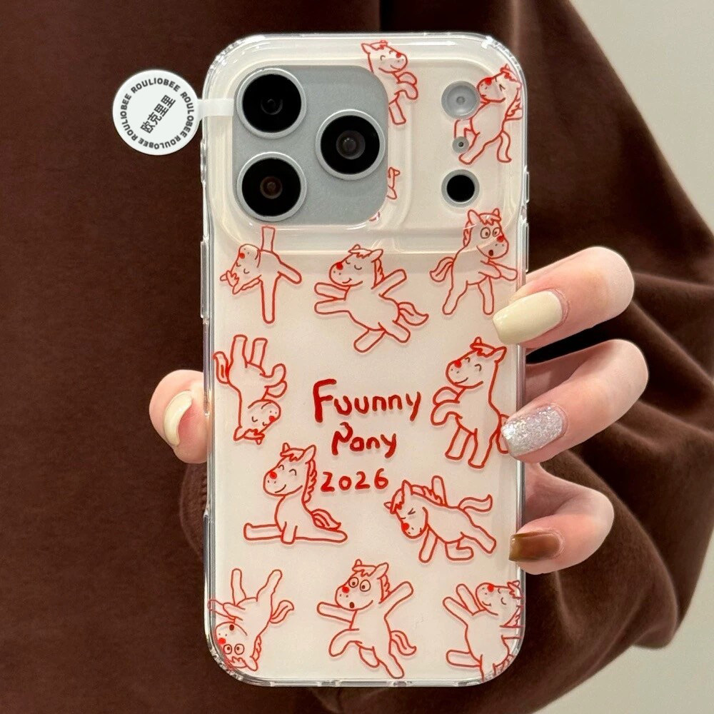 2026新年线条玩耍小马适用苹果17promax大孔手机壳iPhone17pro双层16/15/14/13vivo华为P70小米15oppo防摔套