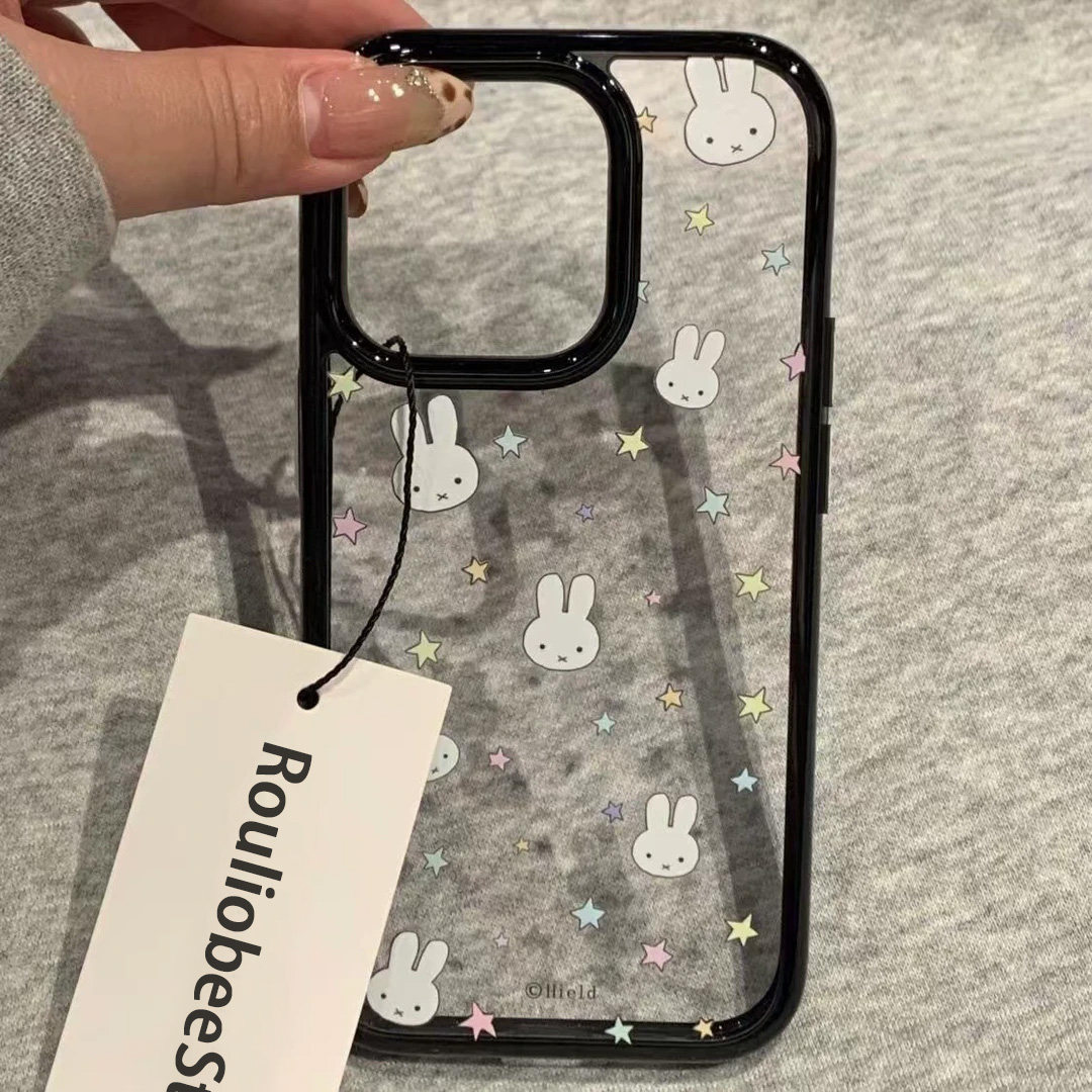 个性创意卡通可爱米菲兔多彩星星适用iPhone16promax手机壳苹果15pro透明防摔硅胶14/13亚克力大孔硬壳保护套