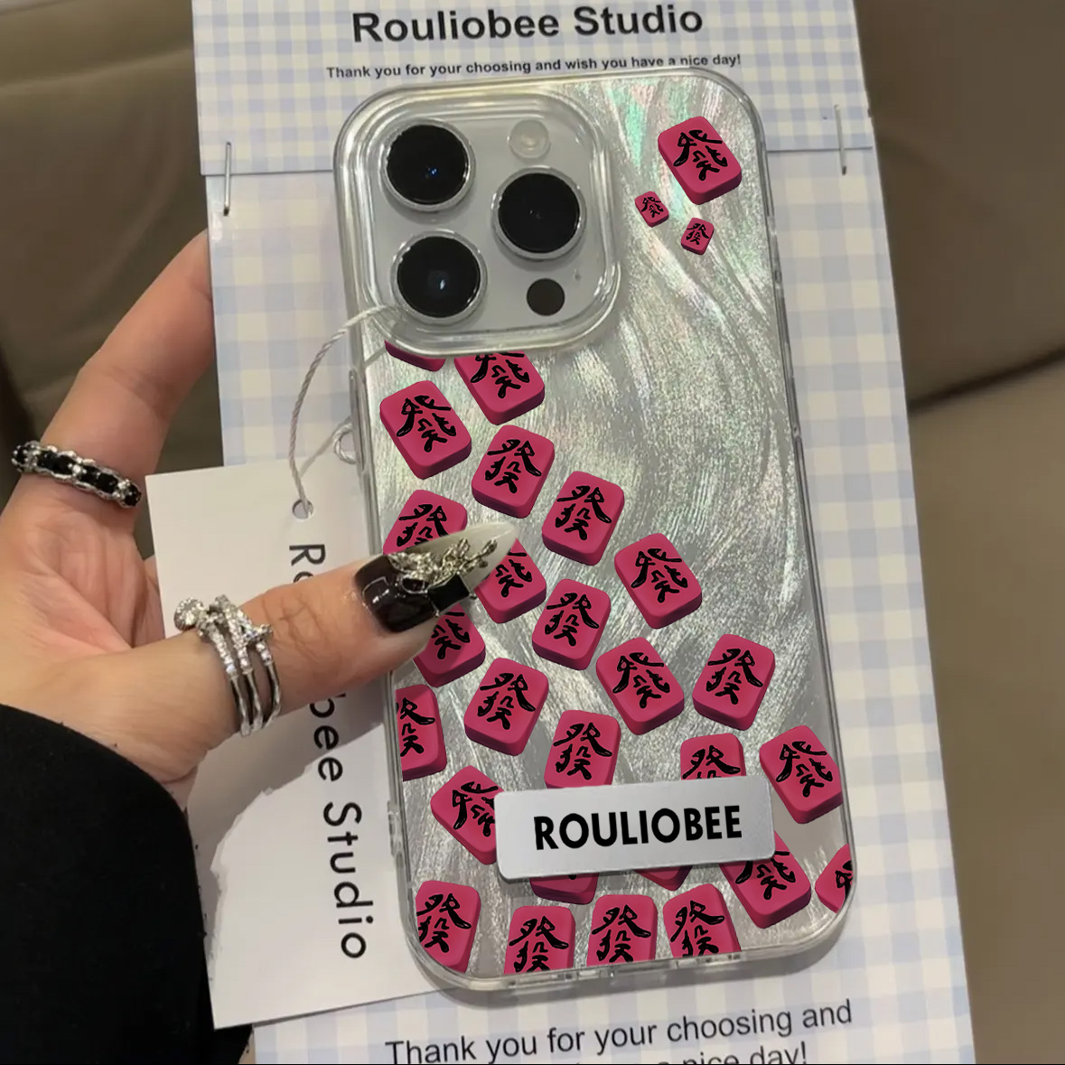 满屏發财手机壳苹果15pro晕染镭射14pro新款羽纱纹适用iPhone16promax潮牌支架112外壳11全包防摔xsmax保护套