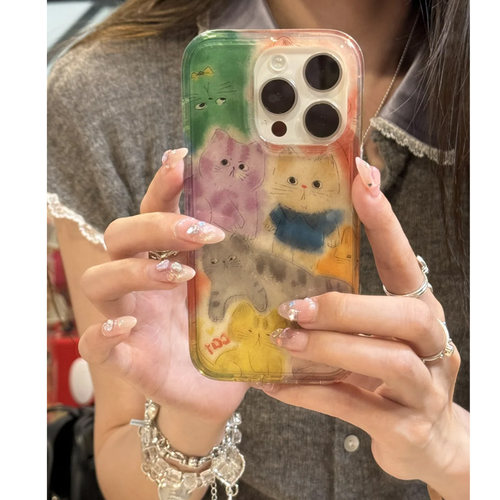 韩系ins彩色涂鸦猫咪适用苹果16promax手机壳iPhone15新款14pro小众女13卡通16高级感15pro网红超火16pro全包