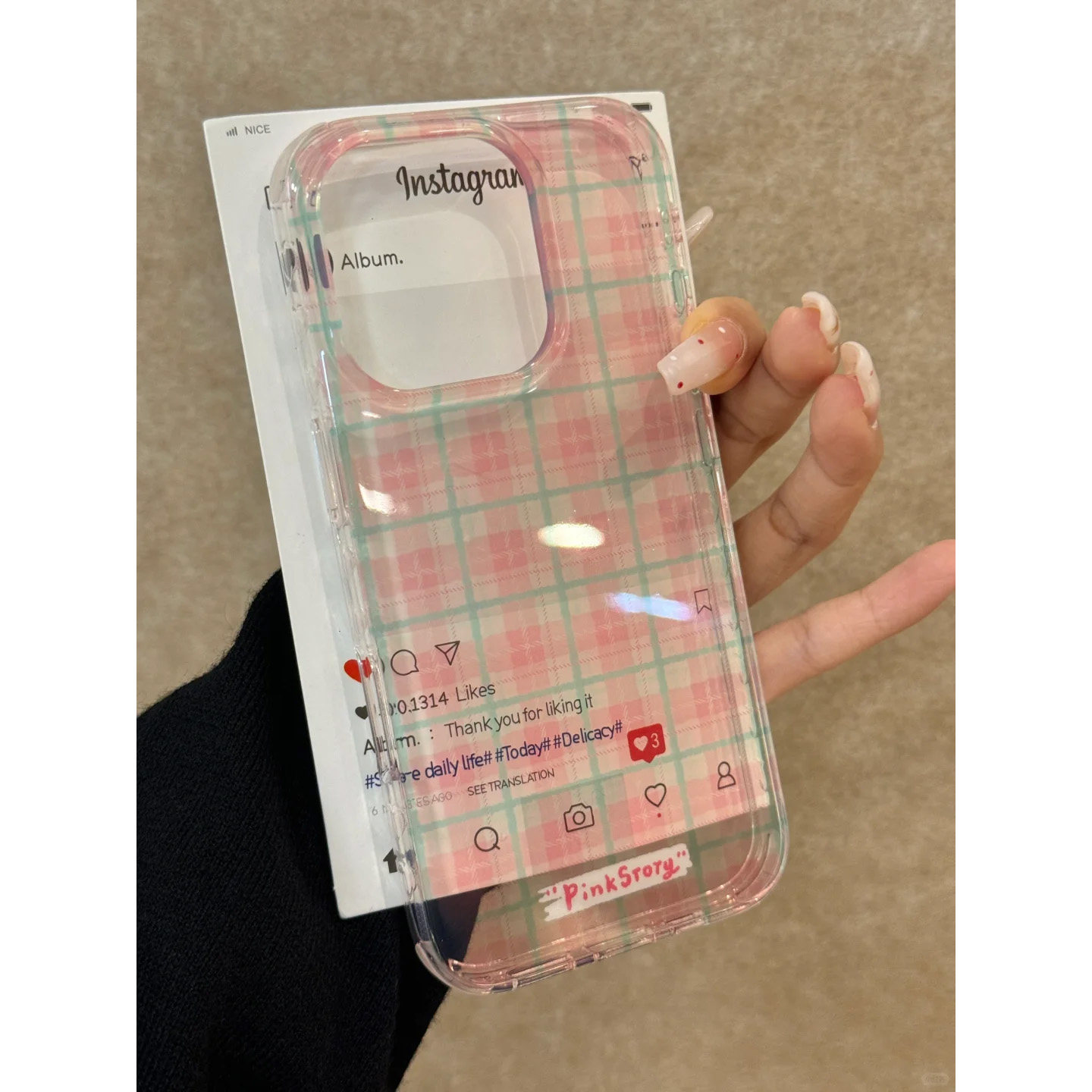 韩系ins风高级感粉色小格子少女心适用苹果16promax新款防摔iPhone15promax网红女款个性创意苹果14/13全包边