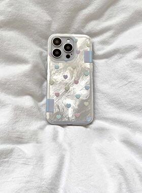 ins温柔银色锡纸纹彩色爱心适用苹果15pro手机壳16Promax新款华为pura70女vivox200红米note13防摔小米14OPPO