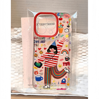 涂鸦条纹快乐女孩适用适用iphone16promax苹果14/13/12/11手机壳可爱华为mate70oppovivo荣耀小米15红米k80套