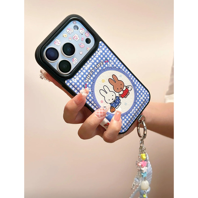 韩系ins皮质蓝色格子米菲兔适用苹果17promax手机秋冬卡通创意iPhone16新款15防摔14pro女款13全包手机套硬壳