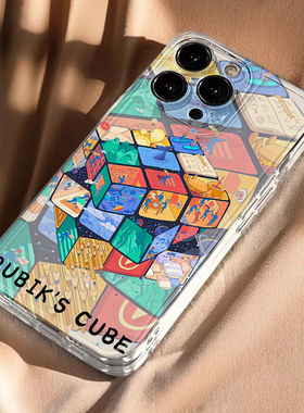 ins创意涂鸦魔方适用iphone16promax手机壳苹果13透明14华为mate70pro卡通vivox200s19小米15oppo软套红米k80