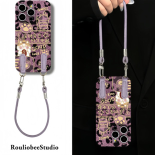 紫豹纹发财猫咪适用苹果16promax手机壳iPhone17pro皮扣防丢绳13菲林oppo华为荣耀400小米vivo甜酷女款防摔壳