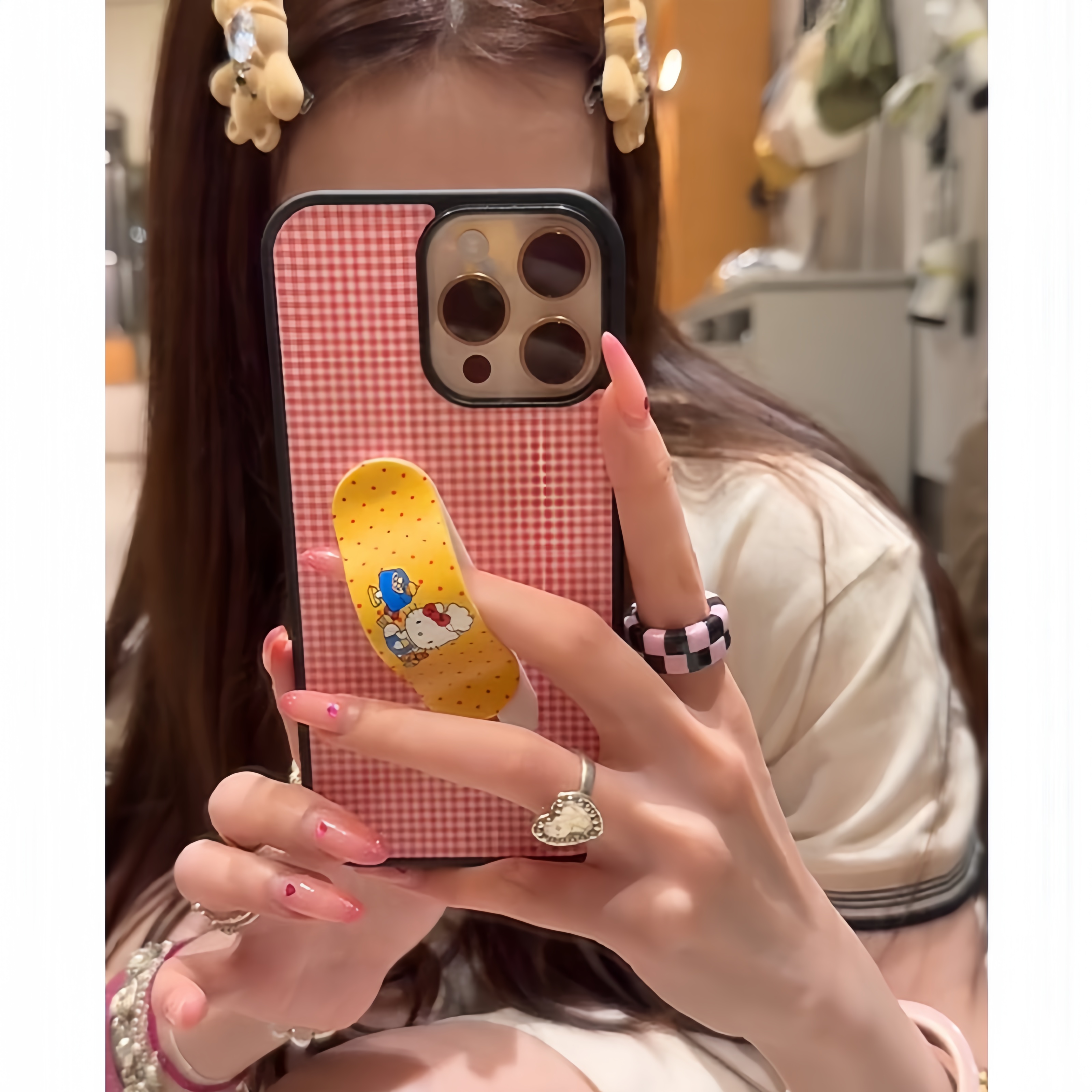 韩系ins红格纹波点厨师hellokitty创可贴指环扣适用苹果iphone16promax手机壳15pro少女心14pro防摔13保护套