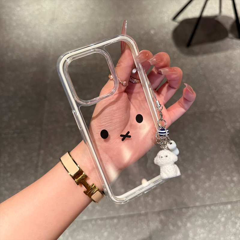 ins小众米菲兔表情适用苹果16promax手机壳iPhone15/14plus带小狗吊坠13pro高透耐脏12透明防摔边框11硅胶壳