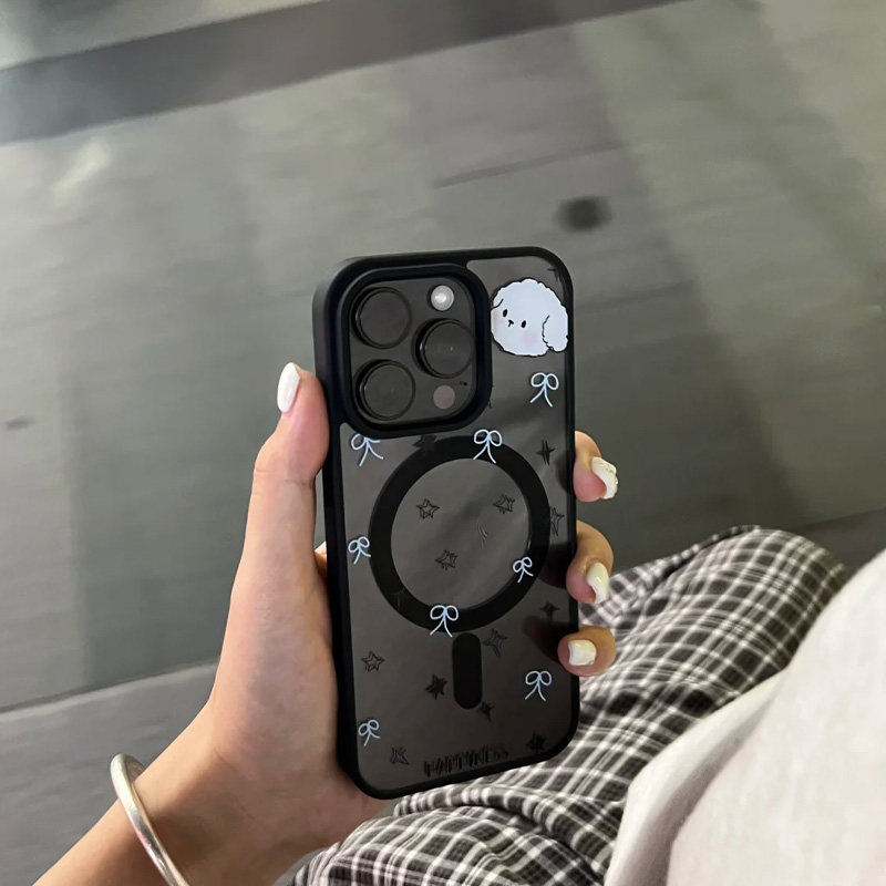 个性创意蓝色蝴蝶结小狗适用苹果16promax手机壳iPhone15pro透明硅胶防摔磁吸壳14/13硬壳大孔保护套17promax