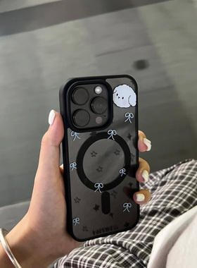 个性创意蓝色蝴蝶结小狗适用苹果16promax手机壳iPhone15pro透明硅胶防摔磁吸壳14/13硬壳大孔保护套17promax