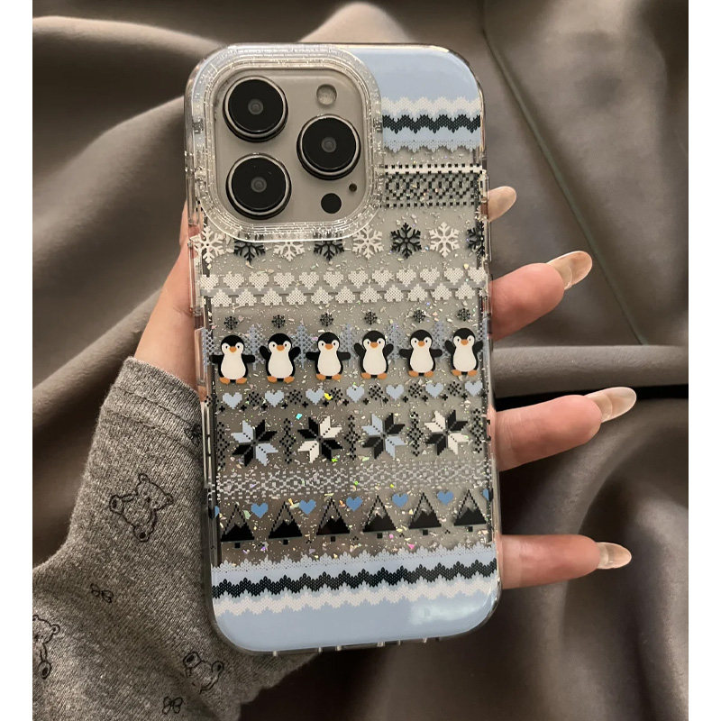 冬日可爱费尔岛闪粉雪花小企鹅适用苹果15手机壳iPhone16ProMax新款15pro防摔13女款小众12硅胶14pro全包软壳