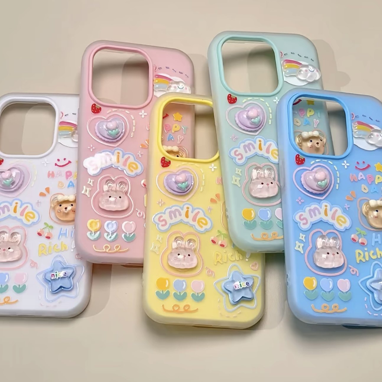 彩虹小熊兔子适用苹果16promax手机壳iPhone15/14带立体水晶贴件13pro情侣闺蜜12磨砂二合一大孔肤感硅胶壳16
