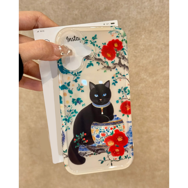 ins碎花青花瓷小黑猫适用苹果16promax手机壳16新款iphone15promax复古14pm小众13防摔15可爱12少女Pro保护套