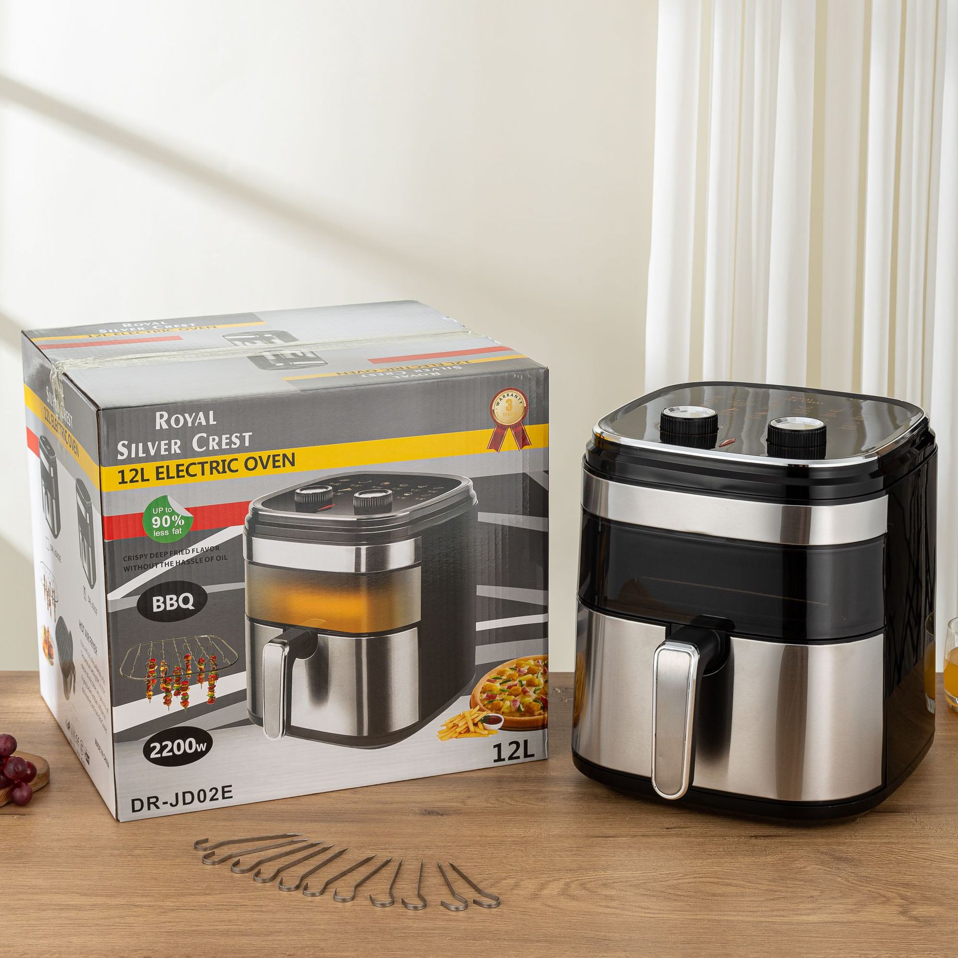 外贸出口空气炸锅 12L 机械电炸锅跨境 Air Fryer 带烧烤签不锈钢 - 实物图