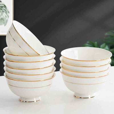 唐山骨瓷碗家用5英寸面碗吃饭碗新款陶瓷餐具金边高脚碗套装