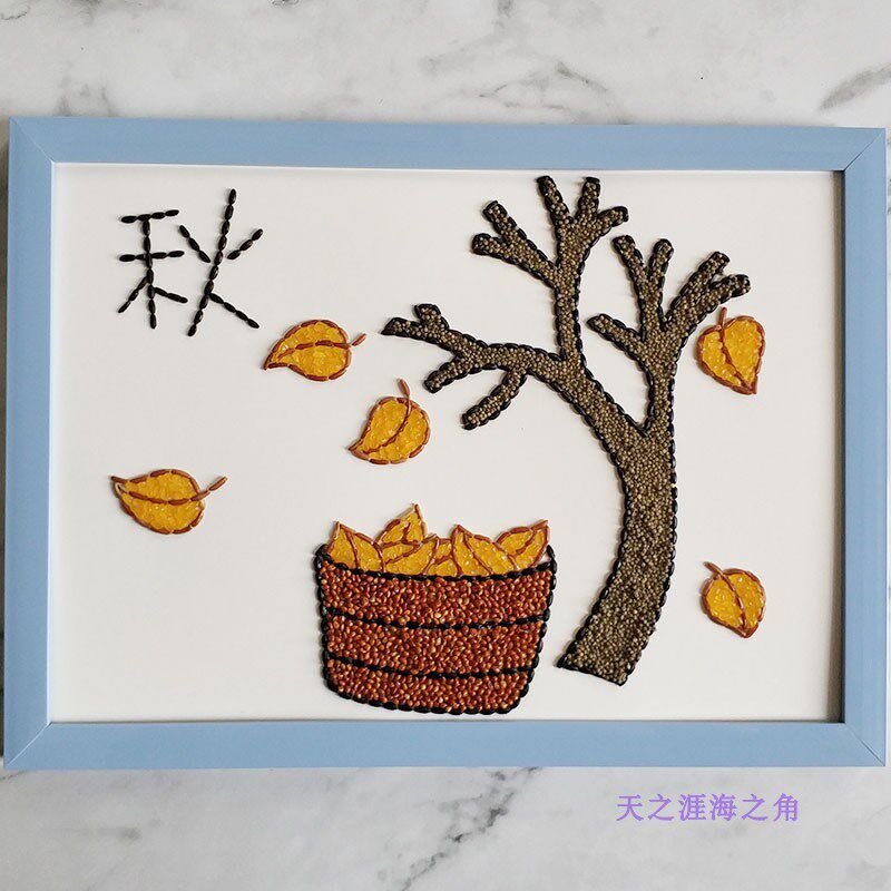 农作物粘贴画谷物秋天的主题手工作品树叶落叶幼儿园半成品冬雪人