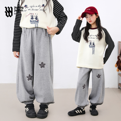 初中生一体绒裤子2025冬季新款女童加绒加厚冬装运动休闲束脚裤子
