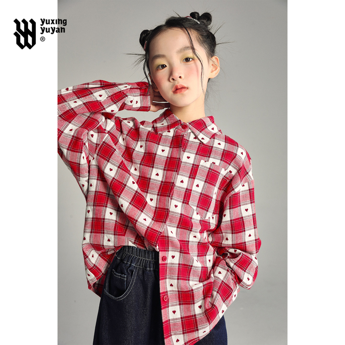 女童红色格子衬衫2026春秋季新款中大童洋气时髦宽松休闲春装衬衣