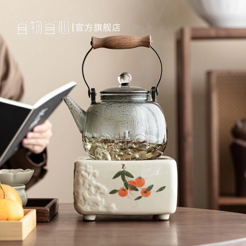 柿柿如意手绘黑晶炉玻璃煮茶壶围炉煮茶家用小型煮茶烧水壶泡茶壶