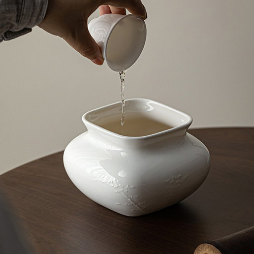白瓷方浮雕芦笋竹建水陶瓷水碗家用茶渣罐洗茶大杯洗茶道配件