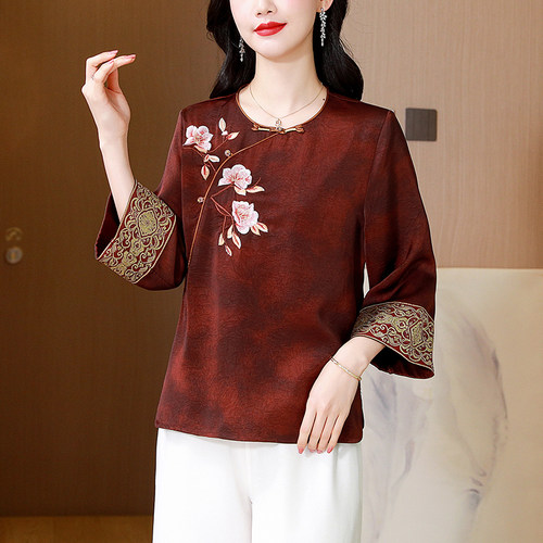 ROUMIKL新中式国风上衣女早春季高端刺绣高级感贵夫人七分袖T恤