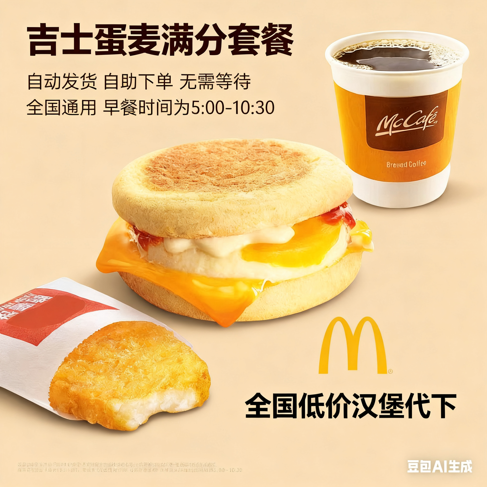 麦当劳代下单早餐优惠板烧鸡腿猪柳吉士蛋麦满分火腿薯饼豆浆油条