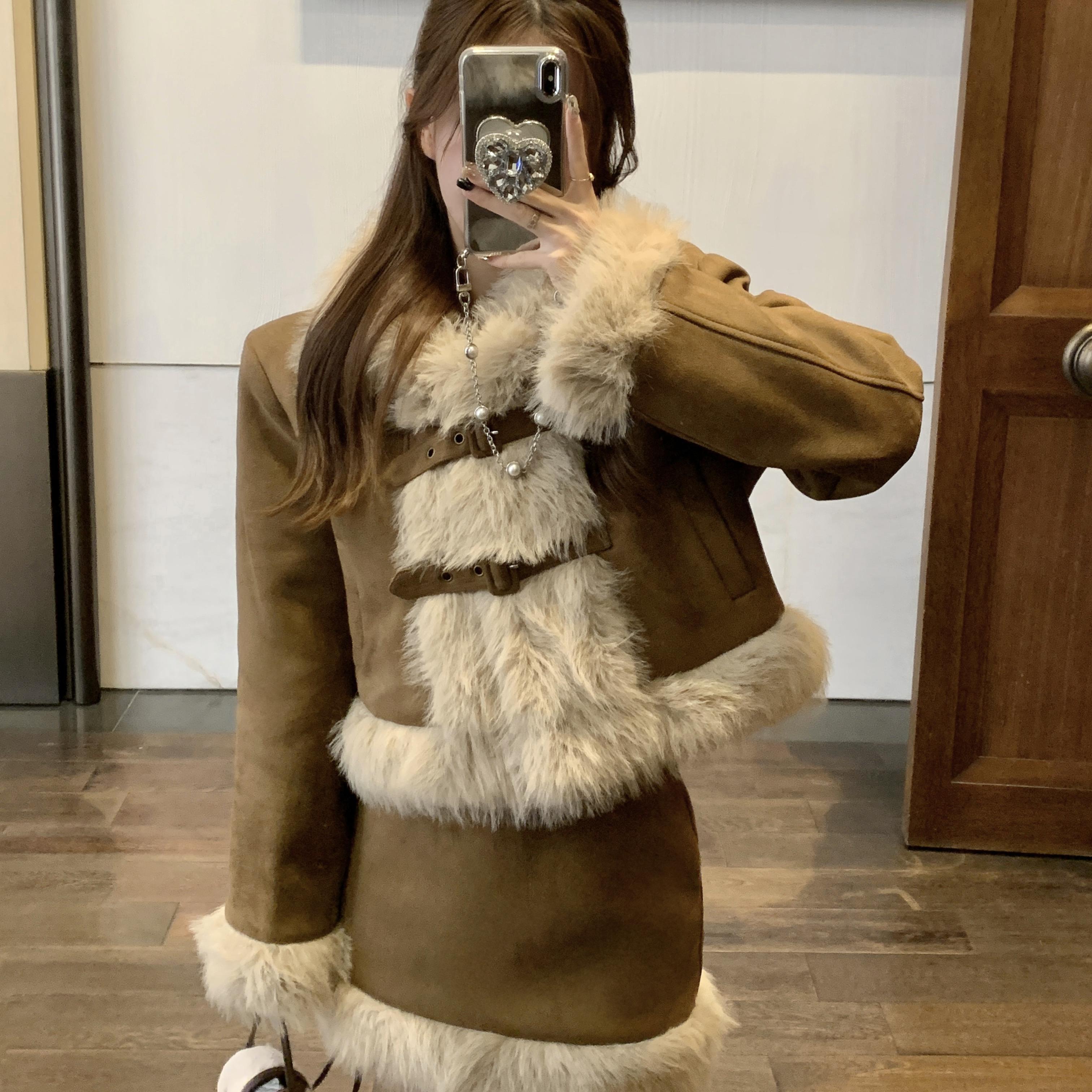 美拉德小香风麂皮绒夹棉外套女冬季加厚毛毛领高腰半身裙两件套装