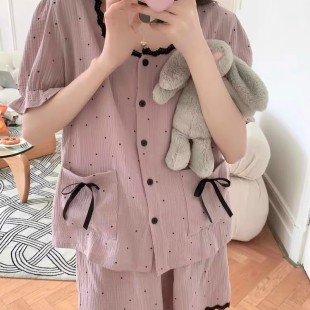韩系甜美紫色波点蕾丝边短袖 睡衣女夏季 舒适休闲可外穿家居服套装