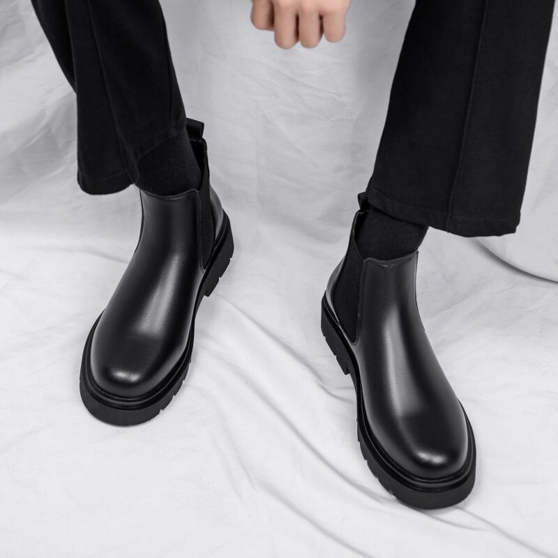 ONE-FOOT CHELSEA BOOTS MENS AUTUMN MID-TOP RETRO HEIGHTENED CHIMNEY BOOTS KOREAN VERSION OF THICK-SOLED MARTIN BOOTS LOW-TOP BOOTS