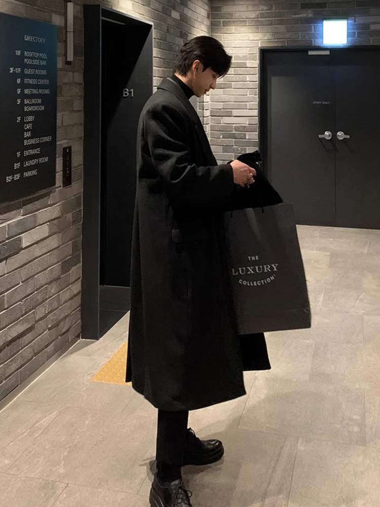 모직 코트 남성 가을 겨울 두꺼운 크루수 한국판 긴 무릎 길이 남성용 윈드 브레이커 트렌디 브랜드 모직 코트