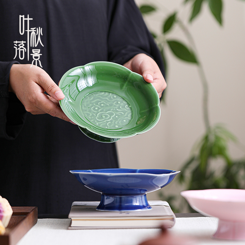 叶落秋景陶瓷中式高足果盘水果盘