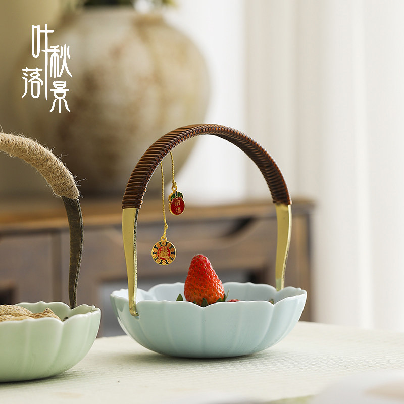 陶瓷复古手提果盘家用零食糖果盒图片