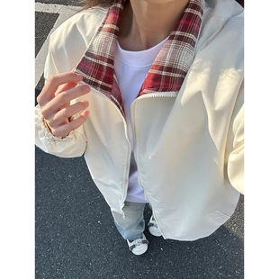 fitcheck格子拼接翻领夹克男款春季美式复古立领撞色棒球服外套潮