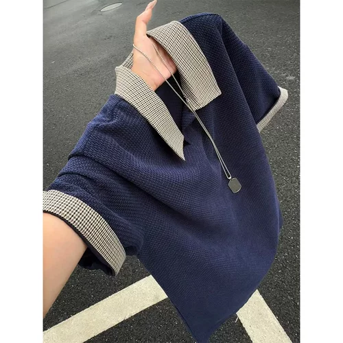 美式老钱风千鸟格polo衫短袖男