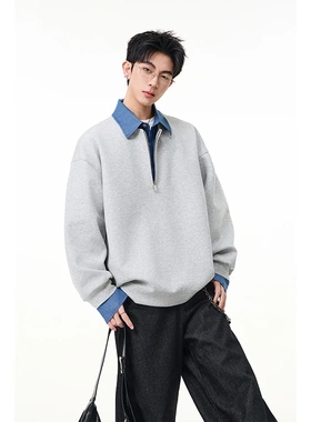 美式复古POLO领卫衣男春秋宽松百搭长袖T恤青少年假两件拼接上衣