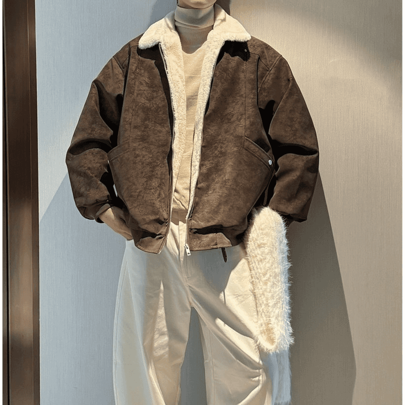 冬季美拉德羊羔毛PU皮棉服外套男