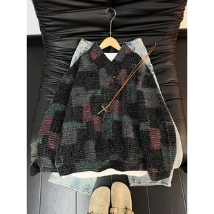 七彩格毛绒针织卫衣男款冬季重磅双层领外套cleanfit痞帅情侣上衣